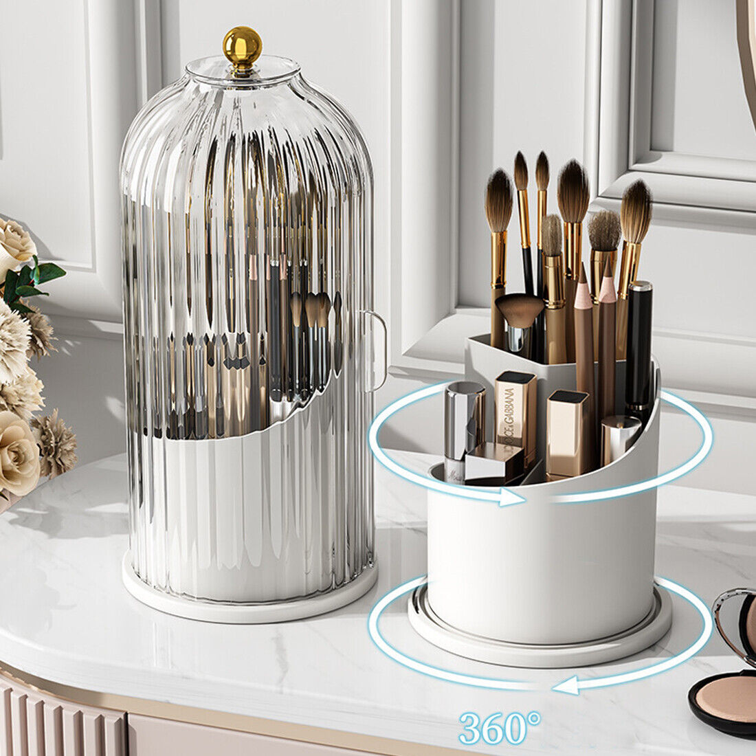 AUREVIAN 360  Rotating Makeup Brush Holder Storage Box Desktop Cosmetic Organizer W  Lid