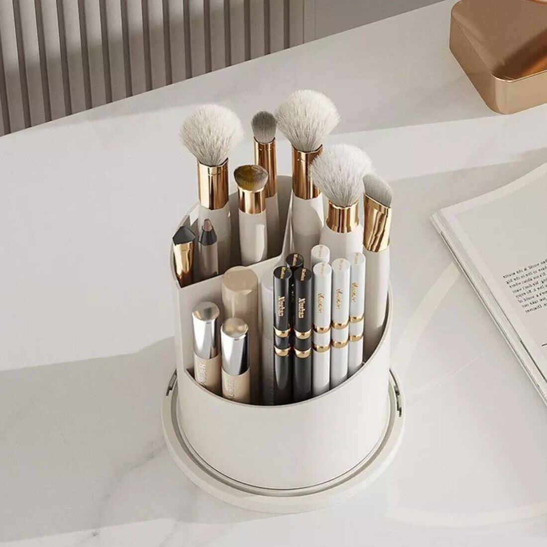 AUREVIAN 360  Rotating Makeup Brush Holder Storage Box Desktop Cosmetic Organizer W  Lid