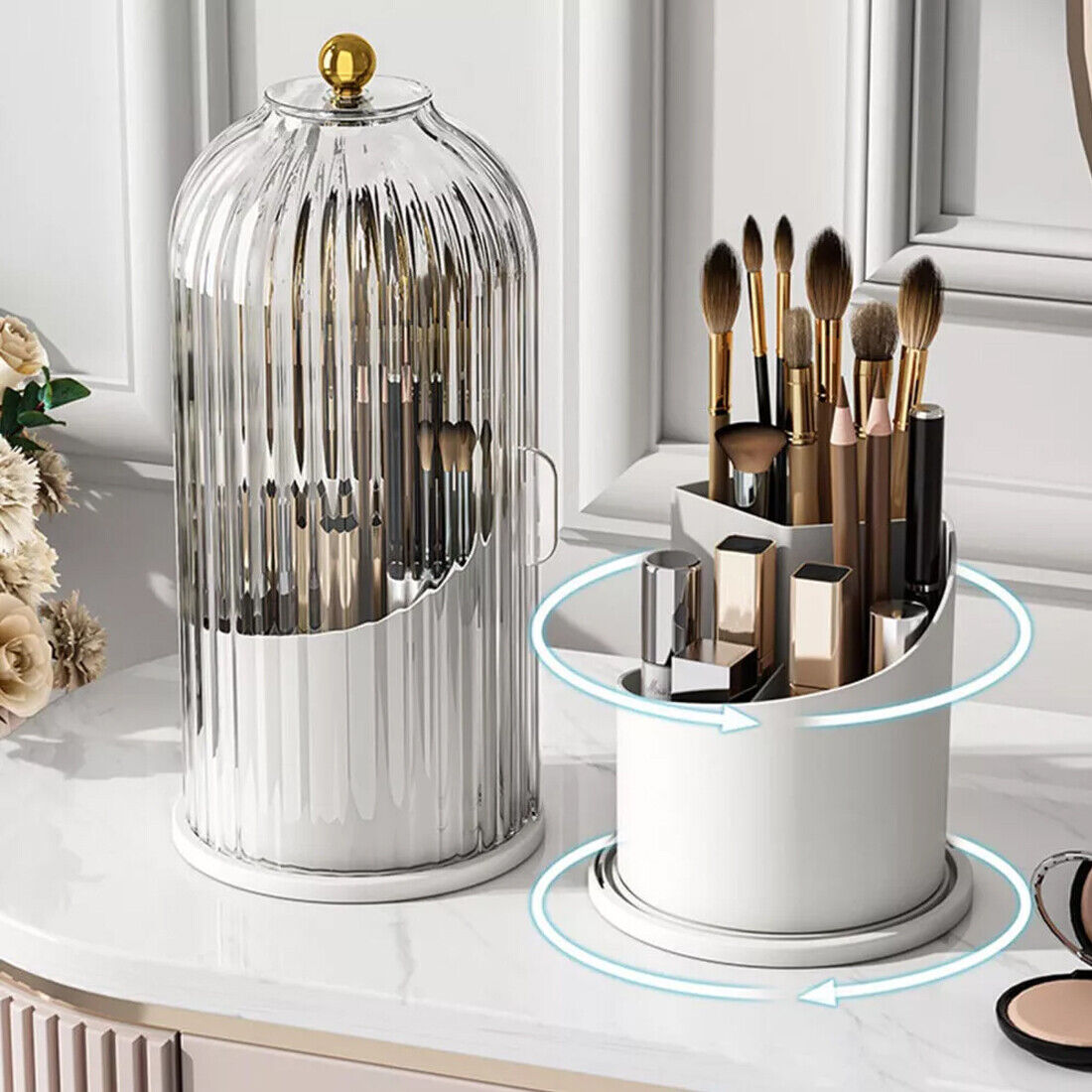AUREVIAN 360  Rotating Makeup Brush Holder Storage Box Desktop Cosmetic Organizer W  Lid